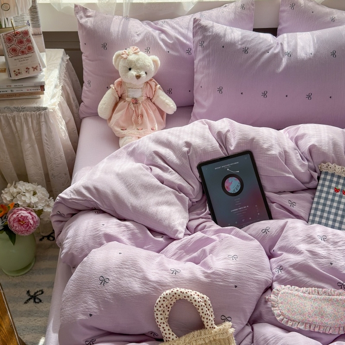 91家纺网 家纺一手货源 找家纺 丽美人家纺 2025新款【全尺寸不断货】高克重木棉提花双层纱四件套 QB紫蝴蝶结