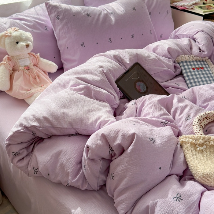 91家纺网 家纺一手货源 找家纺 丽美人家纺 2025新款【全尺寸不断货】高克重木棉提花双层纱四件套 QB紫蝴蝶结