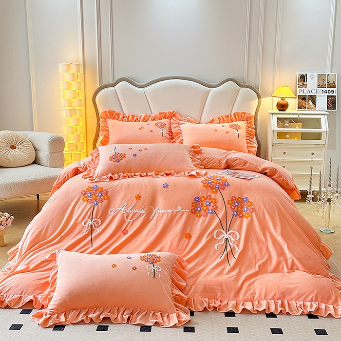 91家纺网 家纺一手货源 找家纺 唐人居 2025新款水晶绒毛巾绣四件套--幸福花开系列 幸福花开-橙色