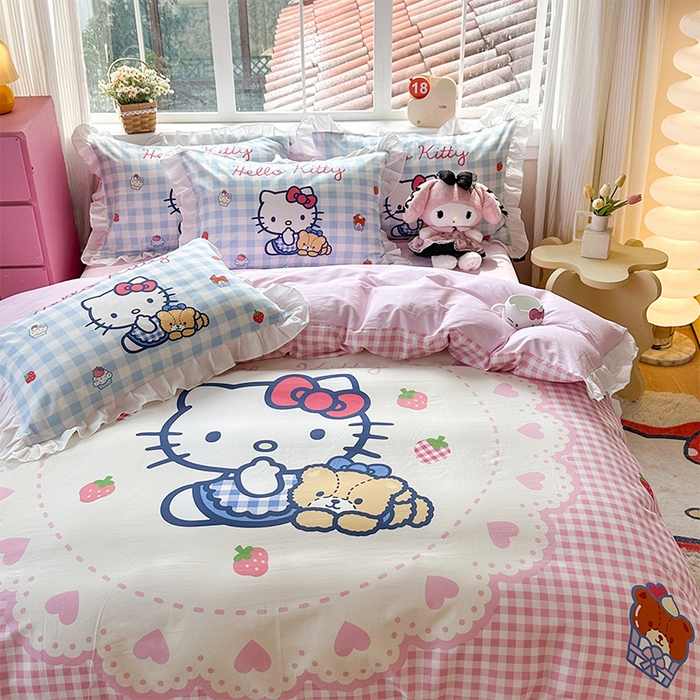 91家纺网 家纺一手货源 找家纺 2025新款大版三丽鸥系列 纯棉床单全棉床裙学生三四件套 花边款 奶油凯蒂猫-白花边