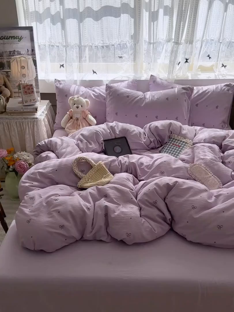91家纺网 家纺一手货源 找家纺 丽美人家纺 2025新款【全尺寸不断货】高克重木棉提花双层纱四件套 QB紫蝴蝶结