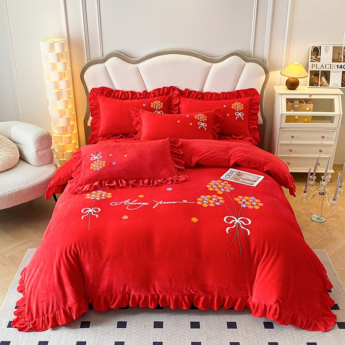 唐人居 2025新款水晶绒毛巾绣四件套--幸福花开系列 幸福花开-大红