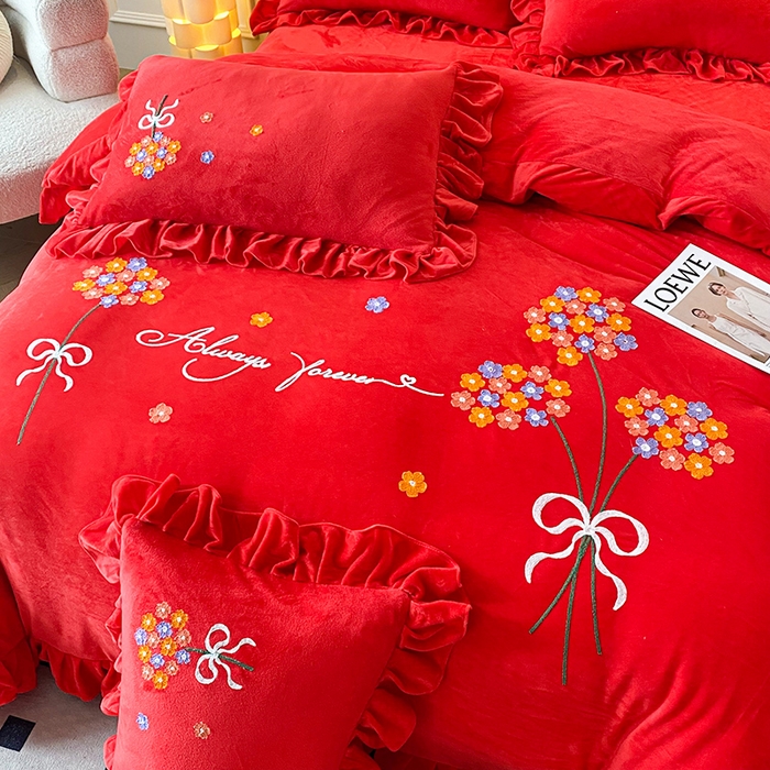 91家纺网 家纺一手货源 找家纺 唐人居 2025新款水晶绒毛巾绣四件套--幸福花开系列 幸福花开-大红