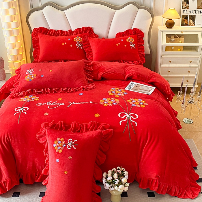 91家纺网 家纺一手货源 找家纺 唐人居 2025新款水晶绒毛巾绣四件套--幸福花开系列 幸福花开-大红