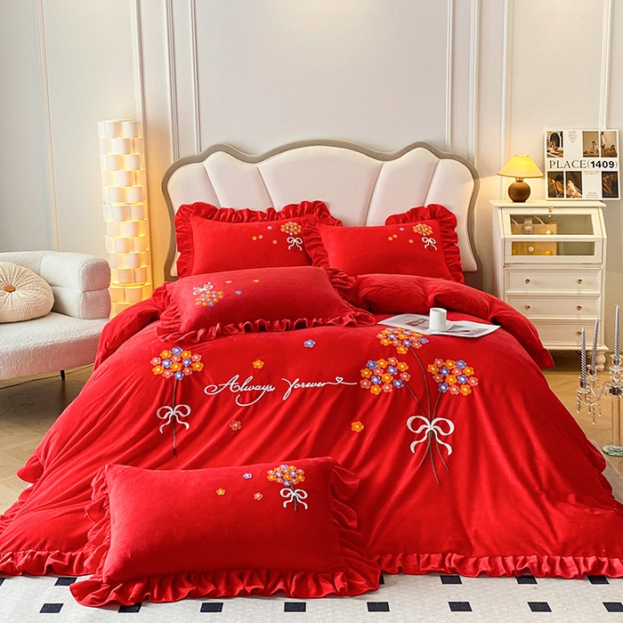 91家纺网 家纺一手货源 找家纺 唐人居 2025新款水晶绒毛巾绣四件套--幸福花开系列 幸福花开-大红