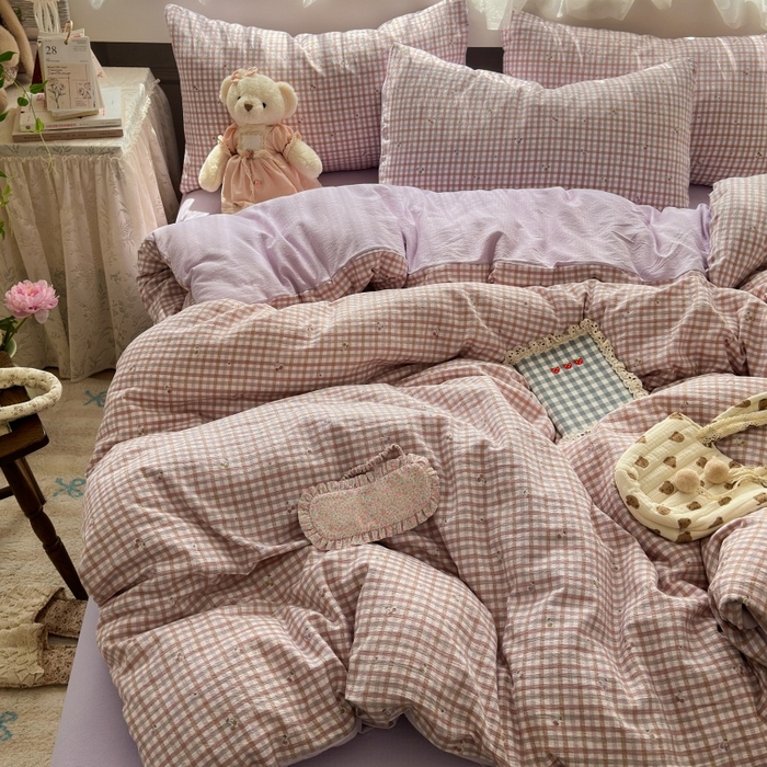 91家纺网 家纺一手货源 找家纺 丽美人家纺 2025新款【全尺寸不断货】高克重木棉提花双层纱四件套 QB紫樱桃