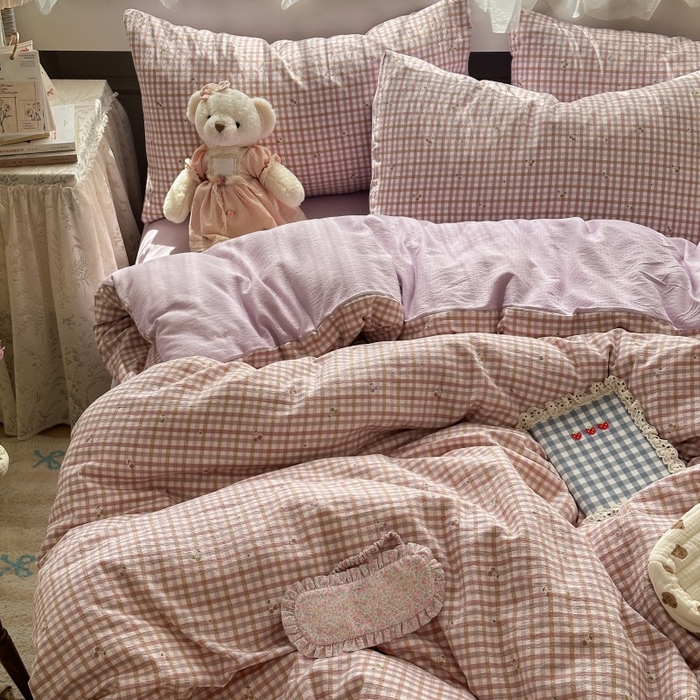 91家纺网 家纺一手货源 找家纺 丽美人家纺 2025新款【全尺寸不断货】高克重木棉提花双层纱四件套 QB紫樱桃