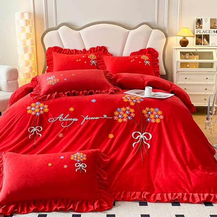 91家纺网 家纺一手货源 找家纺 唐人居 2025新款水晶绒毛巾绣四件套--幸福花开系列 幸福花开-大红