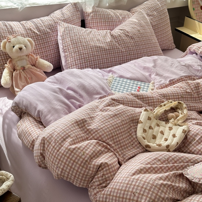 91家纺网 家纺一手货源 找家纺 丽美人家纺 2025新款【全尺寸不断货】高克重木棉提花双层纱四件套 QB紫樱桃