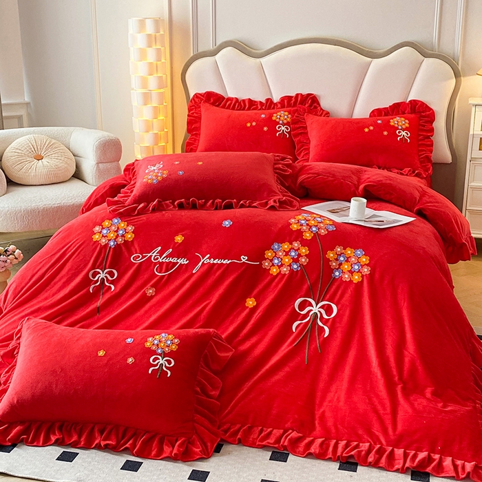 91家纺网 家纺一手货源 找家纺 唐人居 2025新款水晶绒毛巾绣四件套--幸福花开系列 幸福花开-大红