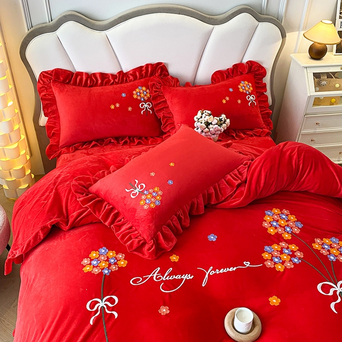 91家纺网 家纺一手货源 找家纺 唐人居 2025新款水晶绒毛巾绣四件套--幸福花开系列 幸福花开-大红