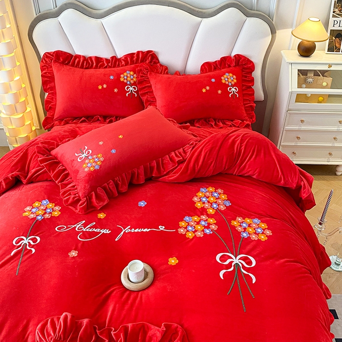 91家纺网 家纺一手货源 找家纺 唐人居 2025新款水晶绒毛巾绣四件套--幸福花开系列 幸福花开-大红