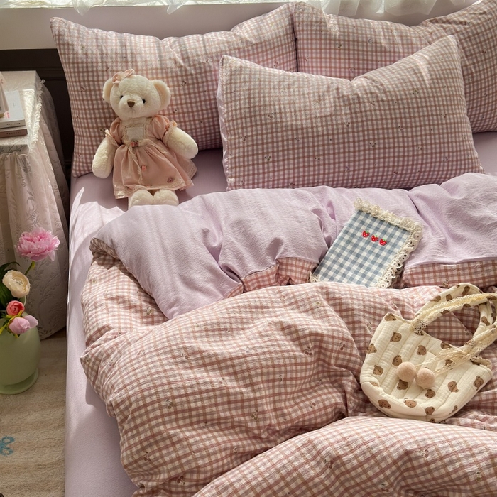 91家纺网 家纺一手货源 找家纺 丽美人家纺 2025新款【全尺寸不断货】高克重木棉提花双层纱四件套 QB紫樱桃