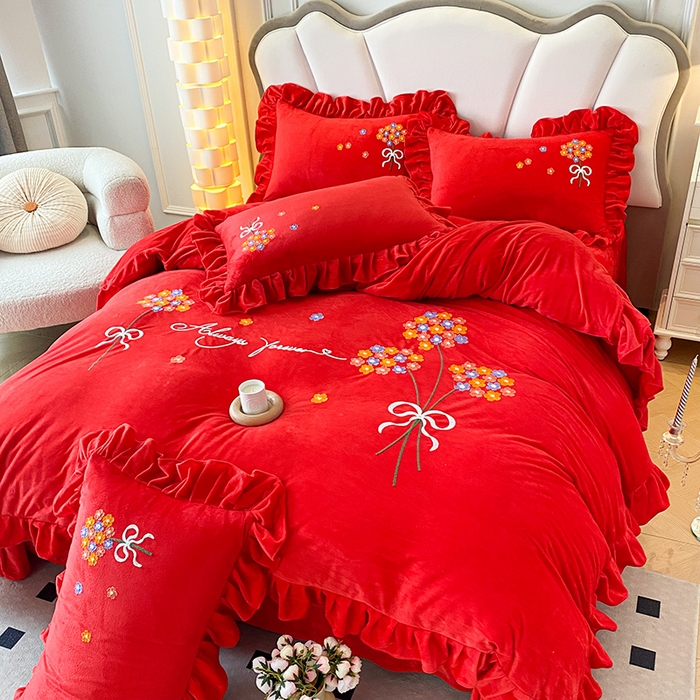 91家纺网 家纺一手货源 找家纺 唐人居 2025新款水晶绒毛巾绣四件套--幸福花开系列 幸福花开-大红