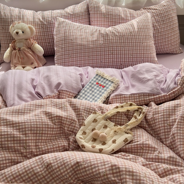 91家纺网 家纺一手货源 找家纺 丽美人家纺 2025新款【全尺寸不断货】高克重木棉提花双层纱四件套 QB紫樱桃