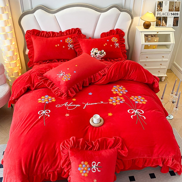 91家纺网 家纺一手货源 找家纺 唐人居 2025新款水晶绒毛巾绣四件套--幸福花开系列 幸福花开-大红