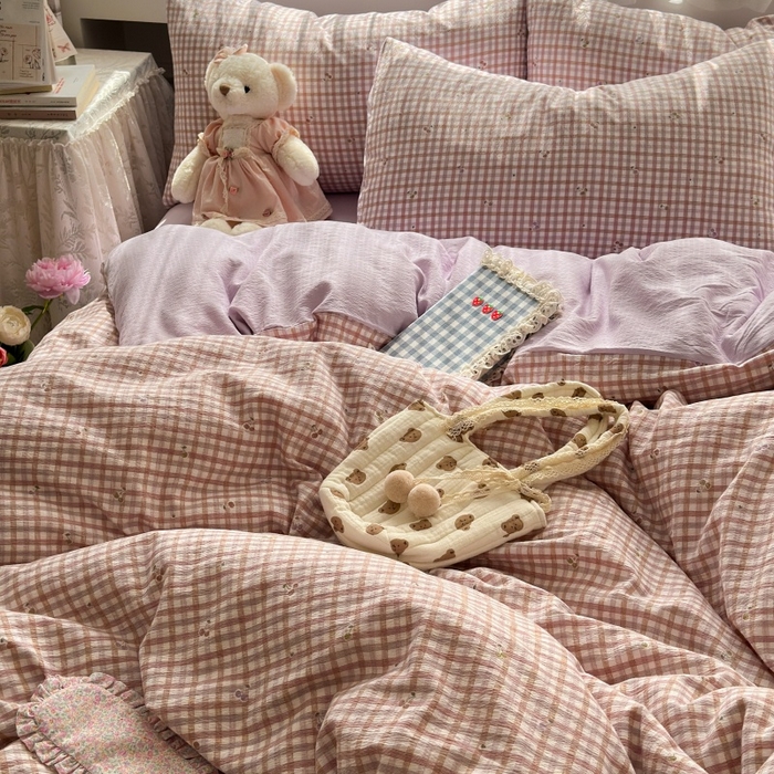 91家纺网 家纺一手货源 找家纺 丽美人家纺 2025新款【全尺寸不断货】高克重木棉提花双层纱四件套 QB紫樱桃