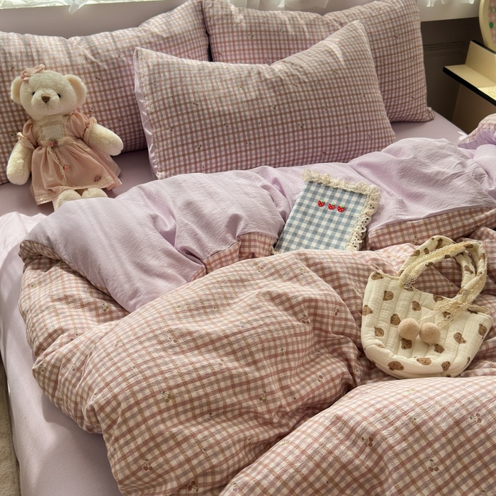 91家纺网 家纺一手货源 找家纺 丽美人家纺 2025新款【全尺寸不断货】高克重木棉提花双层纱四件套 QB紫樱桃