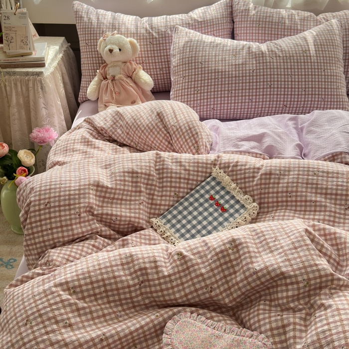 91家纺网 家纺一手货源 找家纺 丽美人家纺 2025新款【全尺寸不断货】高克重木棉提花双层纱四件套 QB紫樱桃