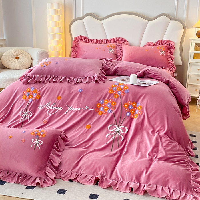 91家纺网 家纺一手货源 找家纺 唐人居 2025新款水晶绒毛巾绣四件套--幸福花开系列 幸福花开-豆沙