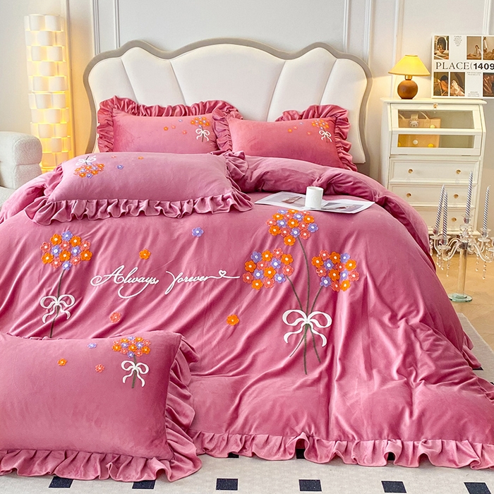 91家纺网 家纺一手货源 找家纺 唐人居 2025新款水晶绒毛巾绣四件套--幸福花开系列 幸福花开-豆沙