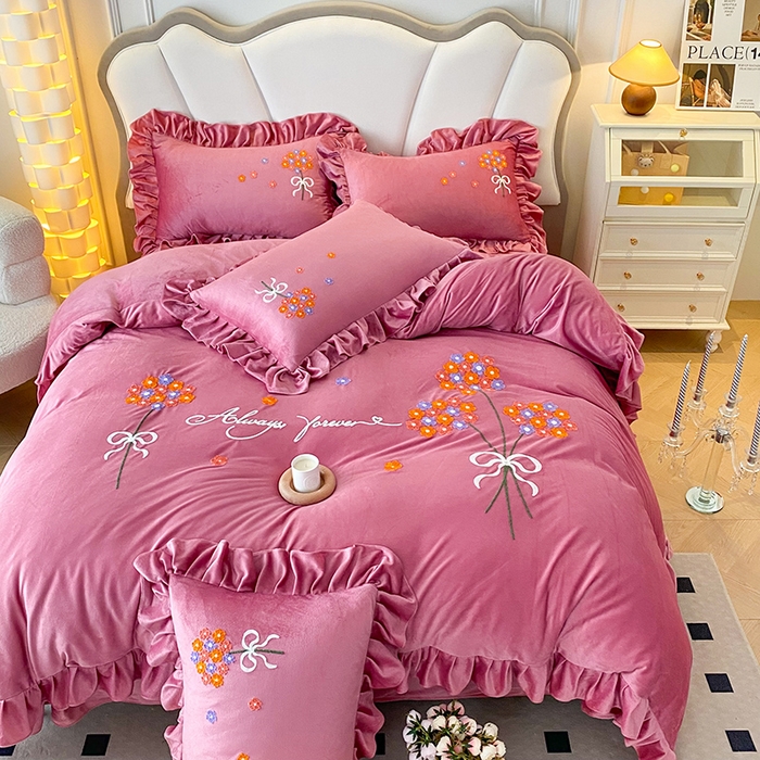 91家纺网 家纺一手货源 找家纺 唐人居 2025新款水晶绒毛巾绣四件套--幸福花开系列 幸福花开-豆沙