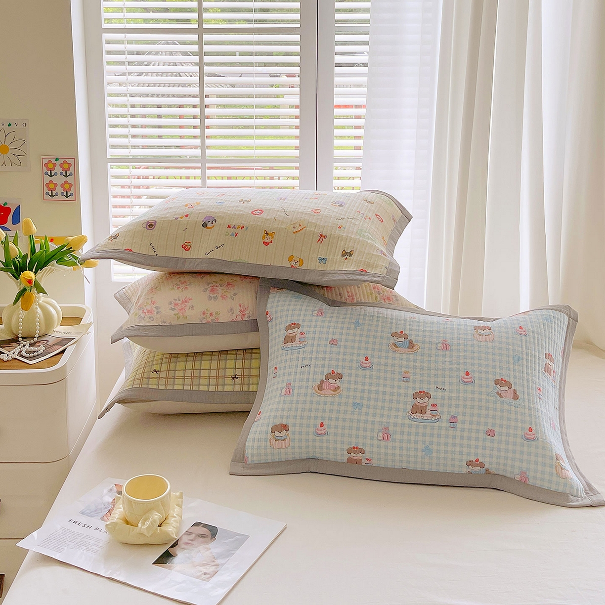 91家纺网 家纺一手货源 找家纺 雨彤家纺 2025新款A类双层纱夹棉单人枕巾 组合