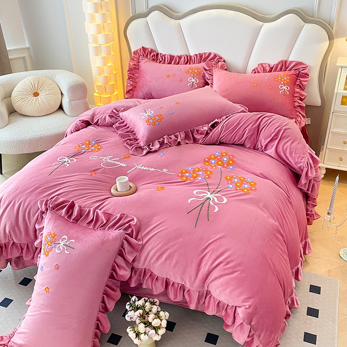 91家纺网 家纺一手货源 找家纺 唐人居 2025新款水晶绒毛巾绣四件套--幸福花开系列 幸福花开-豆沙