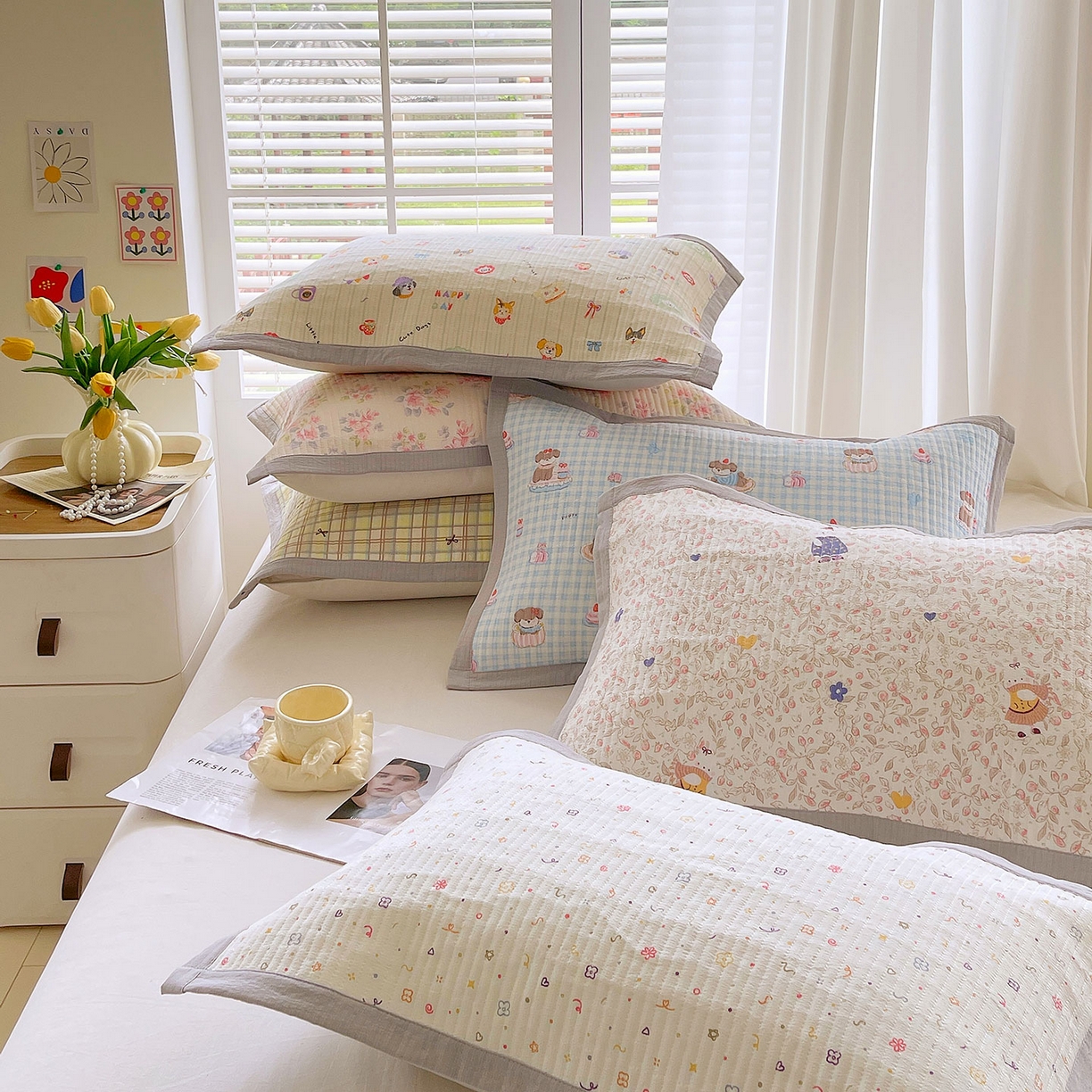 91家纺网 家纺一手货源 找家纺 雨彤家纺 2025新款A类双层纱夹棉单人枕巾 组合