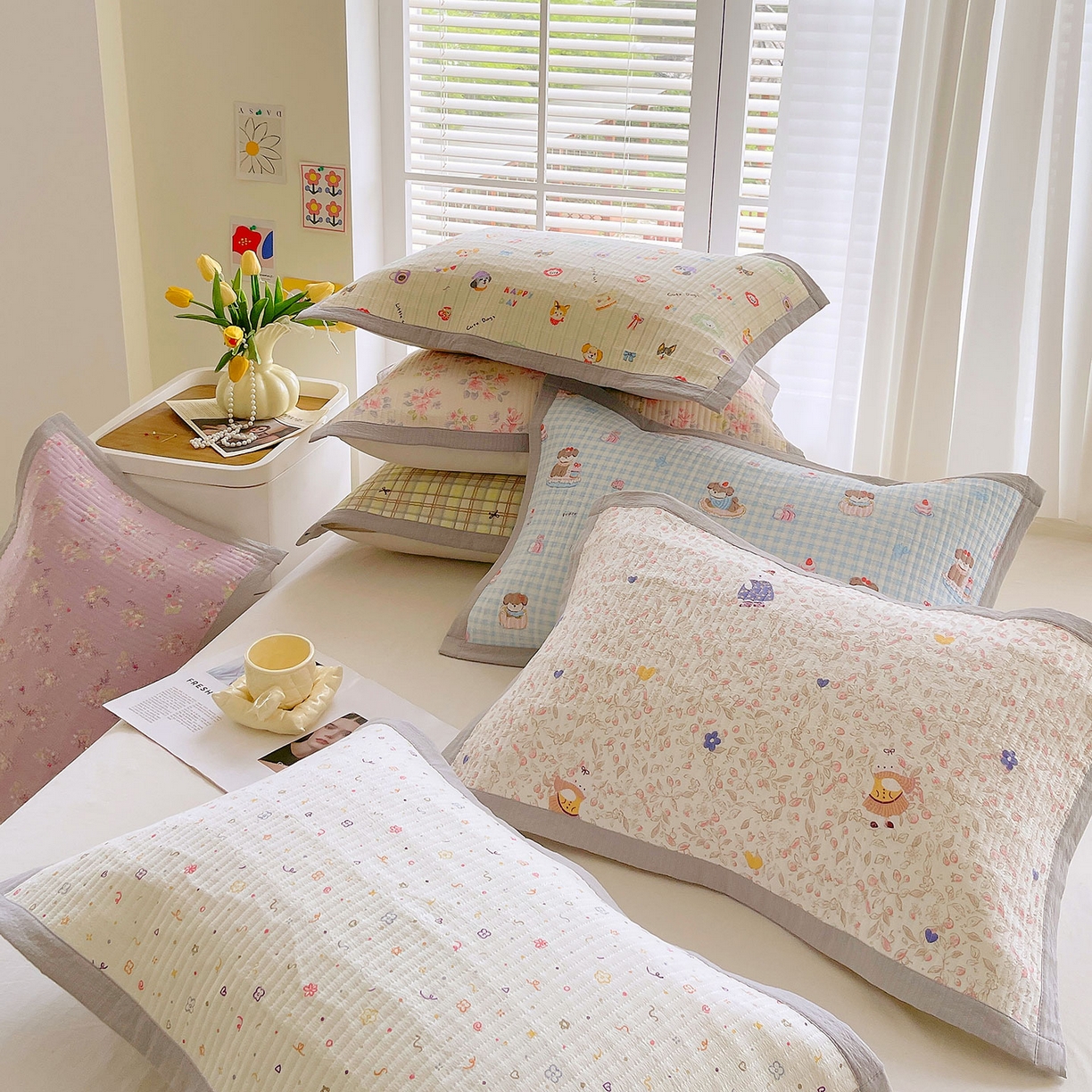 91家纺网 家纺一手货源 找家纺 雨彤家纺 2025新款A类双层纱夹棉单人枕巾 组合