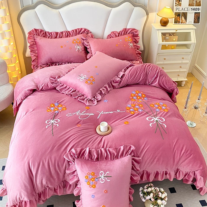 91家纺网 家纺一手货源 找家纺 唐人居 2025新款水晶绒毛巾绣四件套--幸福花开系列 幸福花开-豆沙