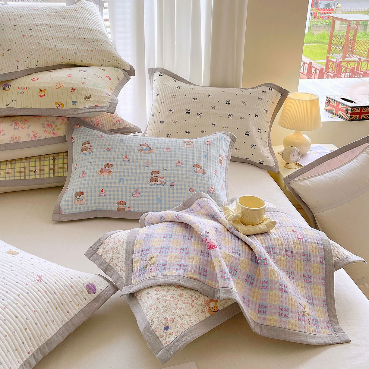 91家纺网 家纺一手货源 找家纺 雨彤家纺 2025新款A类双层纱夹棉单人枕巾 组合