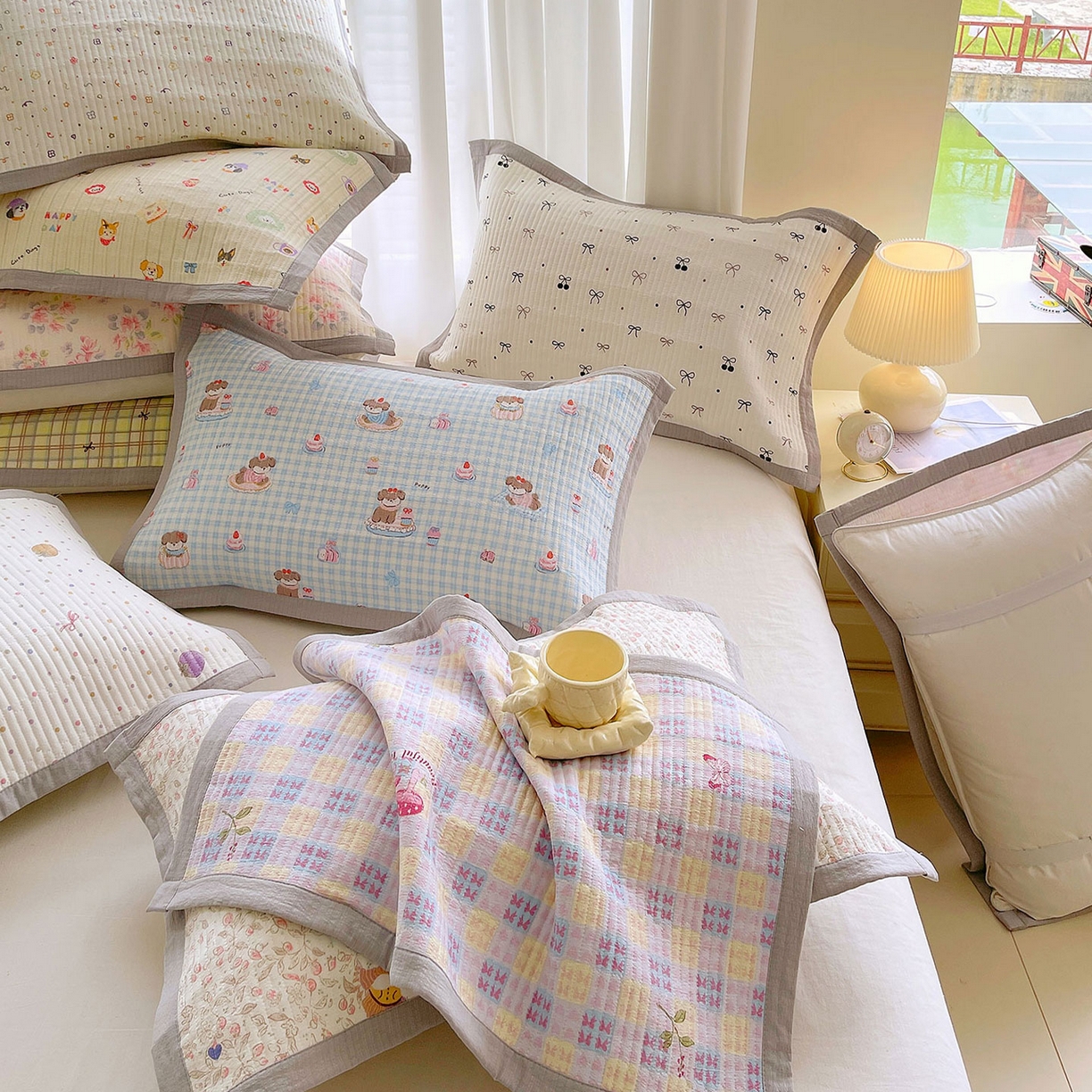 91家纺网 家纺一手货源 找家纺 雨彤家纺 2025新款A类双层纱夹棉单人枕巾 组合