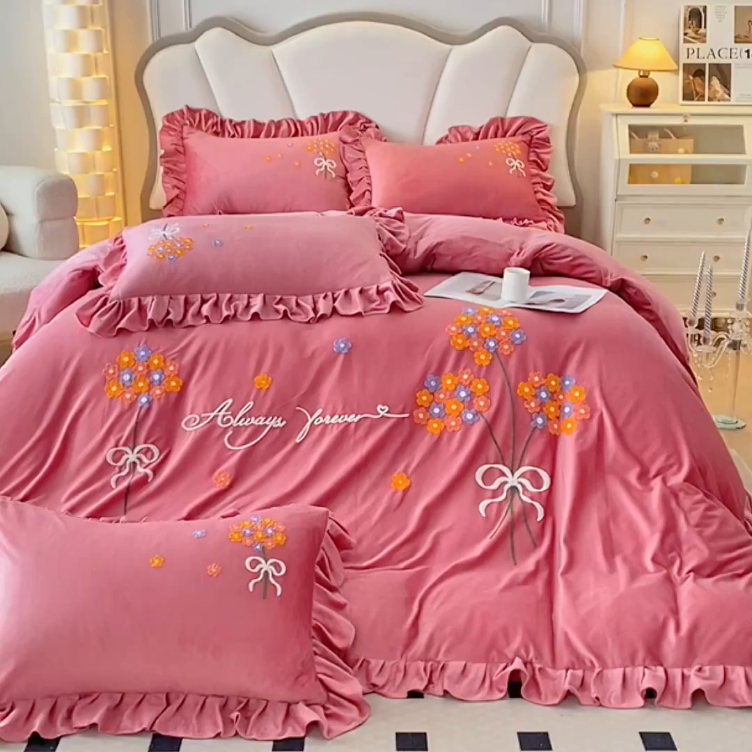 91家纺网 家纺一手货源 找家纺 唐人居 2025新款水晶绒毛巾绣四件套--幸福花开系列 幸福花开-豆沙