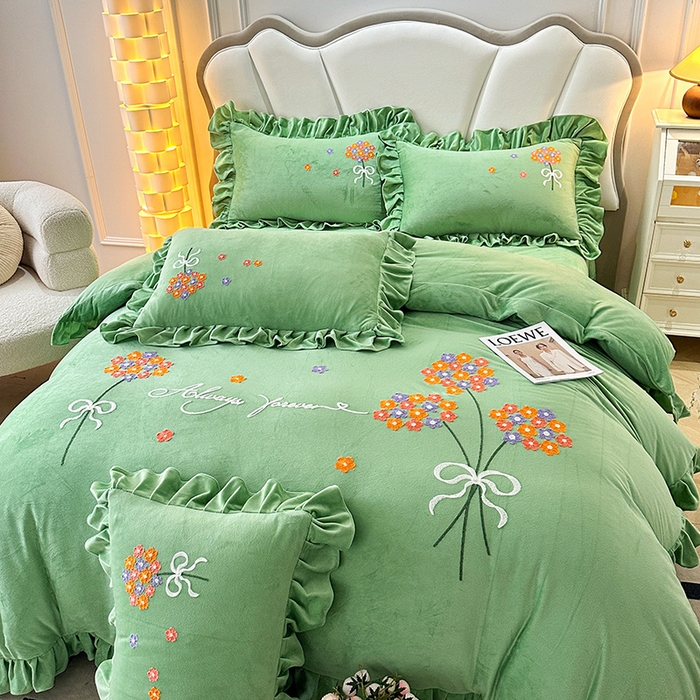 91家纺网 家纺一手货源 找家纺 唐人居 2025新款水晶绒毛巾绣四件套--幸福花开系列 幸福花开-绿色