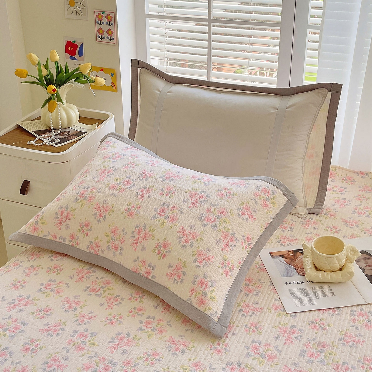 91家纺网 家纺一手货源 找家纺 雨彤家纺 2025新款A类双层纱夹棉单人枕巾 槐夏风清