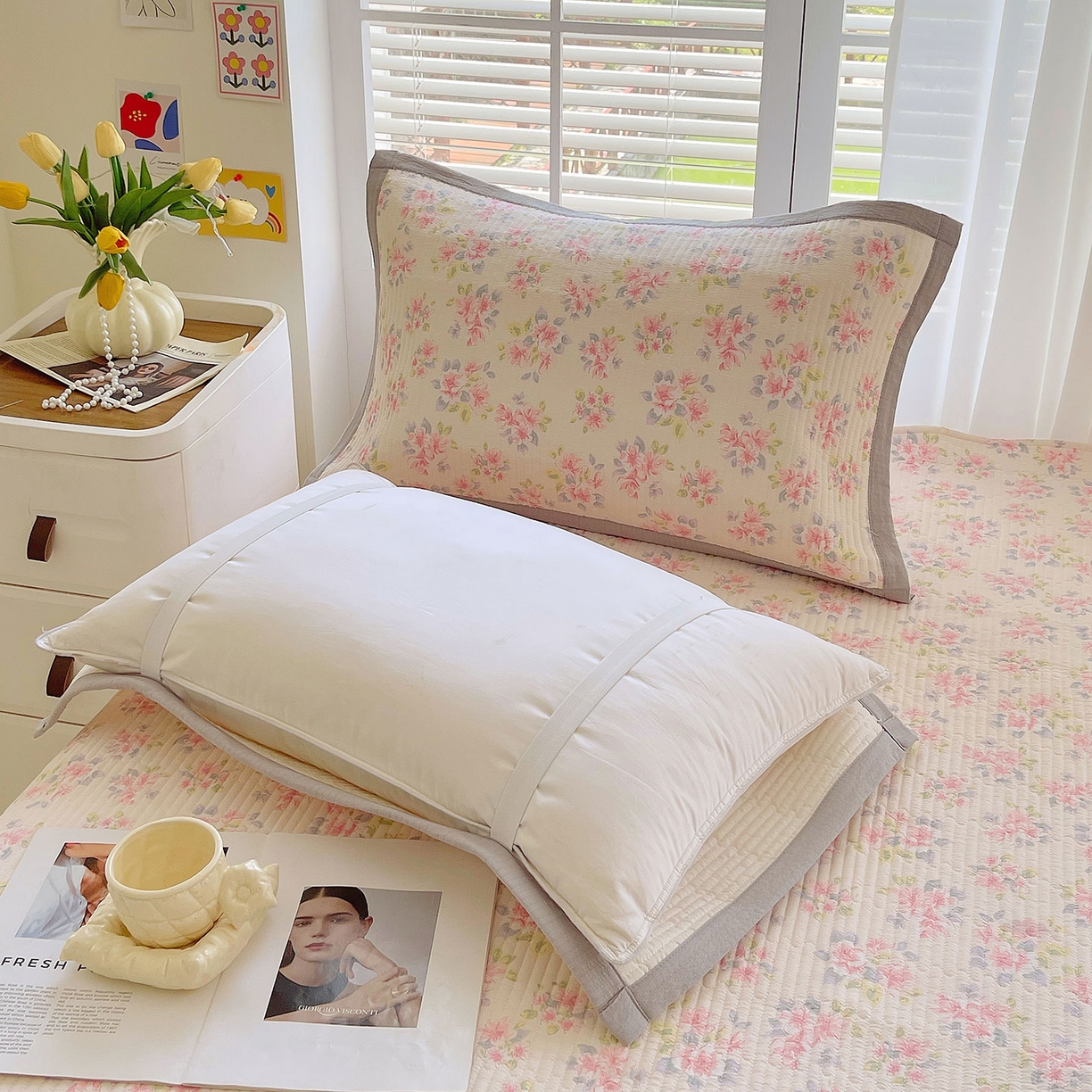 91家纺网 家纺一手货源 找家纺 雨彤家纺 2025新款A类双层纱夹棉单人枕巾 槐夏风清