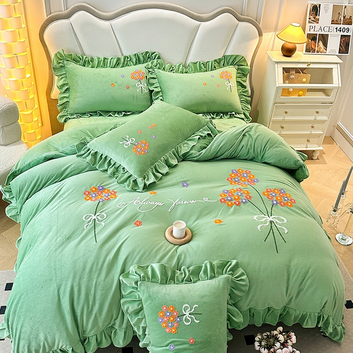 91家纺网 家纺一手货源 找家纺 唐人居 2025新款水晶绒毛巾绣四件套--幸福花开系列 幸福花开-绿色