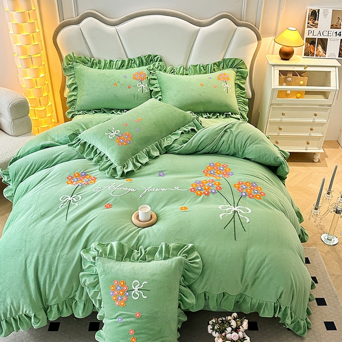 91家纺网 家纺一手货源 找家纺 唐人居 2025新款水晶绒毛巾绣四件套--幸福花开系列 幸福花开-绿色