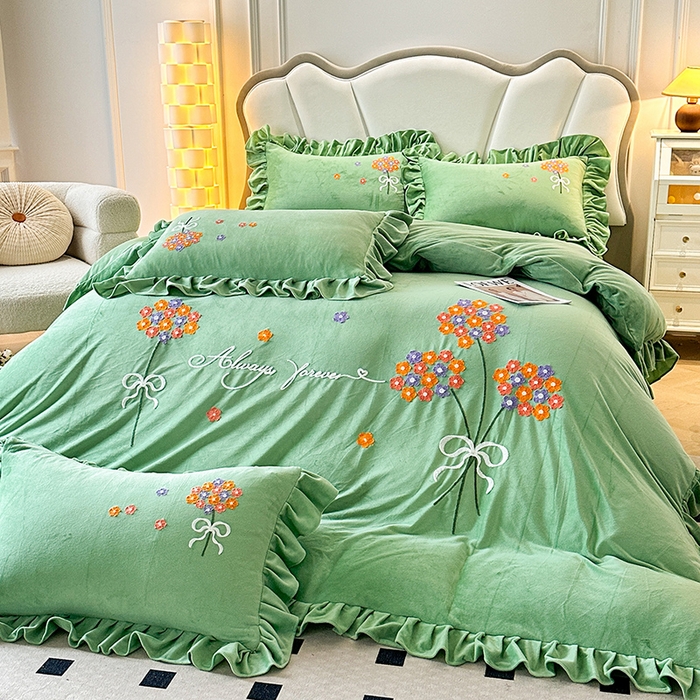 91家纺网 家纺一手货源 找家纺 唐人居 2025新款水晶绒毛巾绣四件套--幸福花开系列 幸福花开-绿色