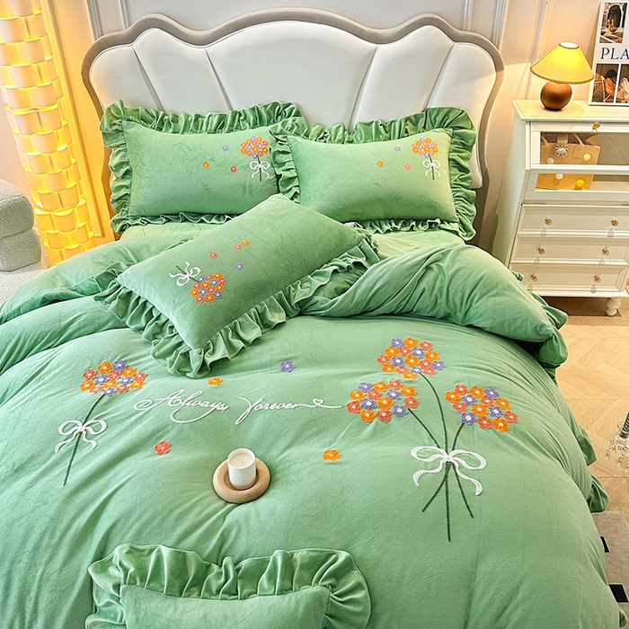 91家纺网 家纺一手货源 找家纺 唐人居 2025新款水晶绒毛巾绣四件套--幸福花开系列 幸福花开-绿色