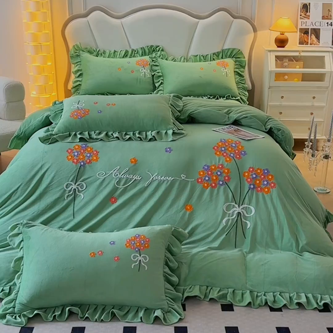 91家纺网 家纺一手货源 找家纺 唐人居 2025新款水晶绒毛巾绣四件套--幸福花开系列 幸福花开-绿色