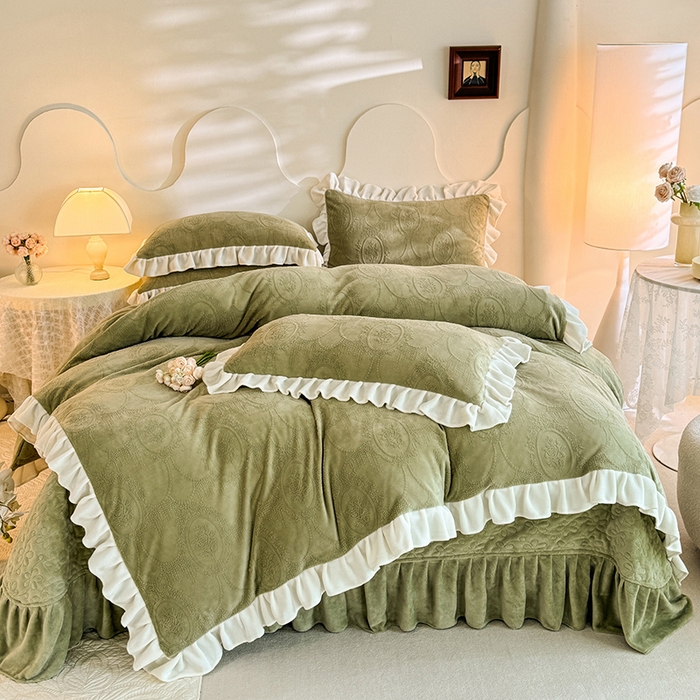 91家纺网 家纺一手货源 找家纺 （总）唐人居 2025新款雕花牛奶绒花边款四件套--摩卡庄园系列