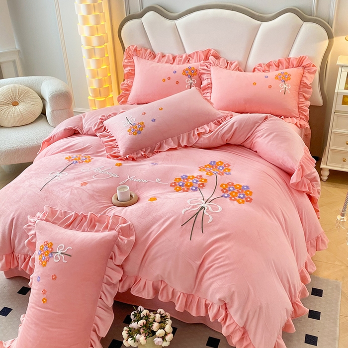 91家纺网 家纺一手货源 找家纺 唐人居 2025新款水晶绒毛巾绣四件套--幸福花开系列 幸福花开-玉色