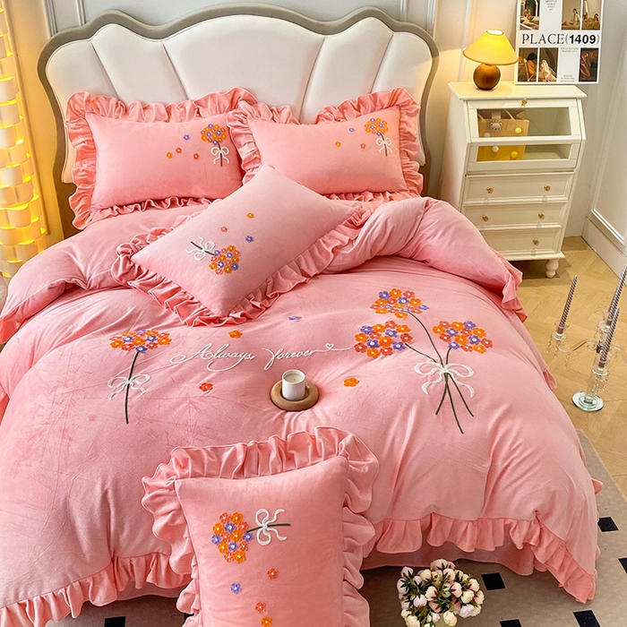 91家纺网 家纺一手货源 找家纺 唐人居 2025新款水晶绒毛巾绣四件套--幸福花开系列 幸福花开-玉色