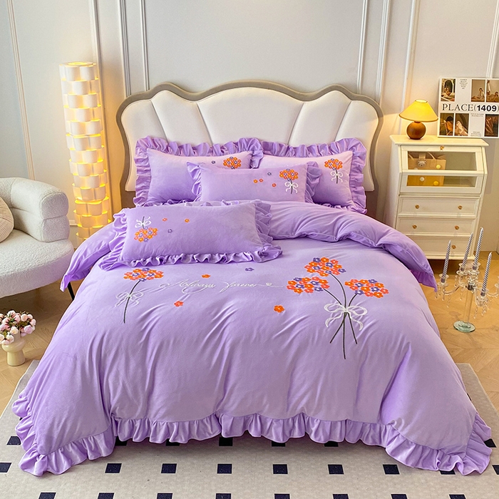 唐人居 2025新款水晶绒毛巾绣四件套--幸福花开系列 幸福花开-紫色