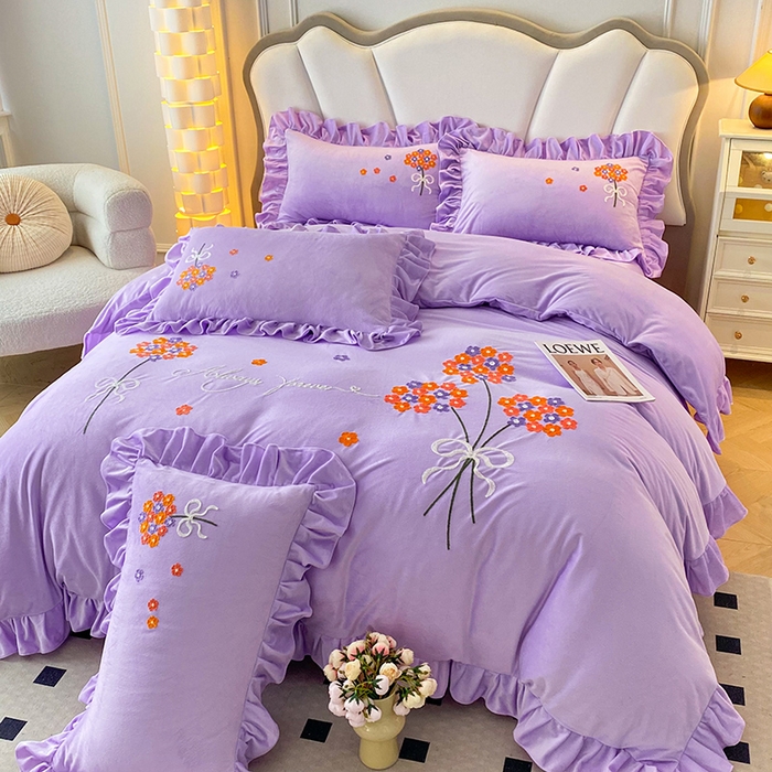 91家纺网 家纺一手货源 找家纺 唐人居 2025新款水晶绒毛巾绣四件套--幸福花开系列 幸福花开-紫色