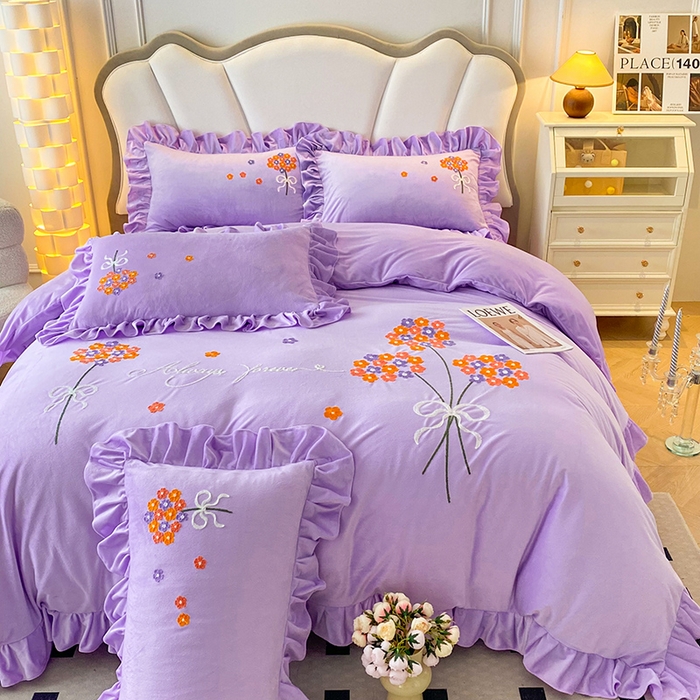 91家纺网 家纺一手货源 找家纺 唐人居 2025新款水晶绒毛巾绣四件套--幸福花开系列 幸福花开-紫色