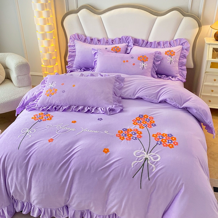 91家纺网 家纺一手货源 找家纺 唐人居 2025新款水晶绒毛巾绣四件套--幸福花开系列 幸福花开-紫色