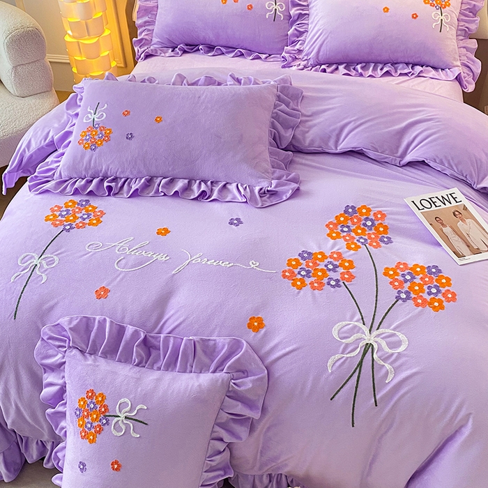 91家纺网 家纺一手货源 找家纺 唐人居 2025新款水晶绒毛巾绣四件套--幸福花开系列 幸福花开-紫色